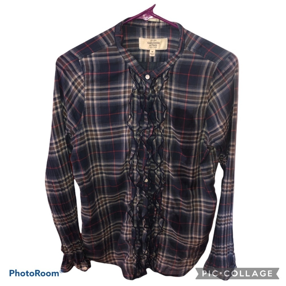 Abercrombie & Fitch Blue Plaid Ruffle Button Shirt